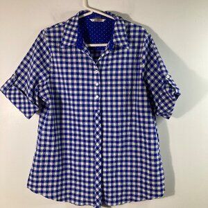 Womens Allison Daley Seersucker Gingham Button Shirt Short Sleeve 14 Blue White